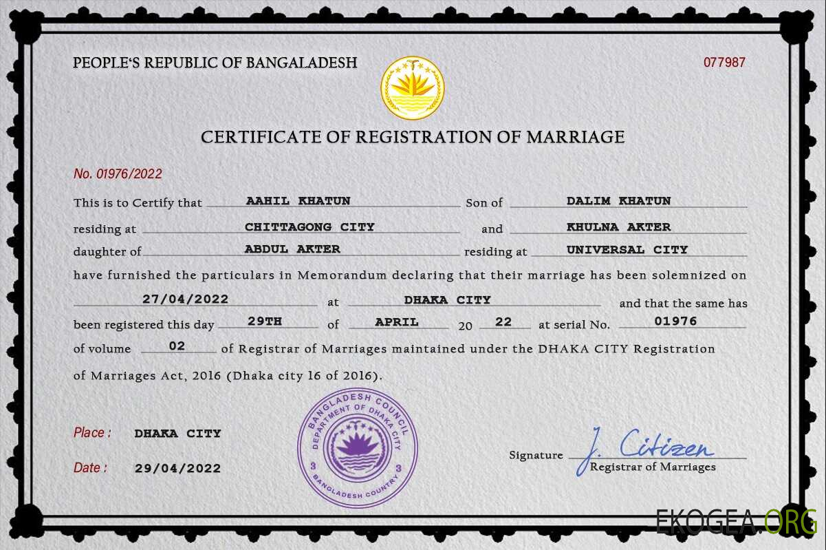 Modèle PSD de certificat de mariage du Bangladesh,